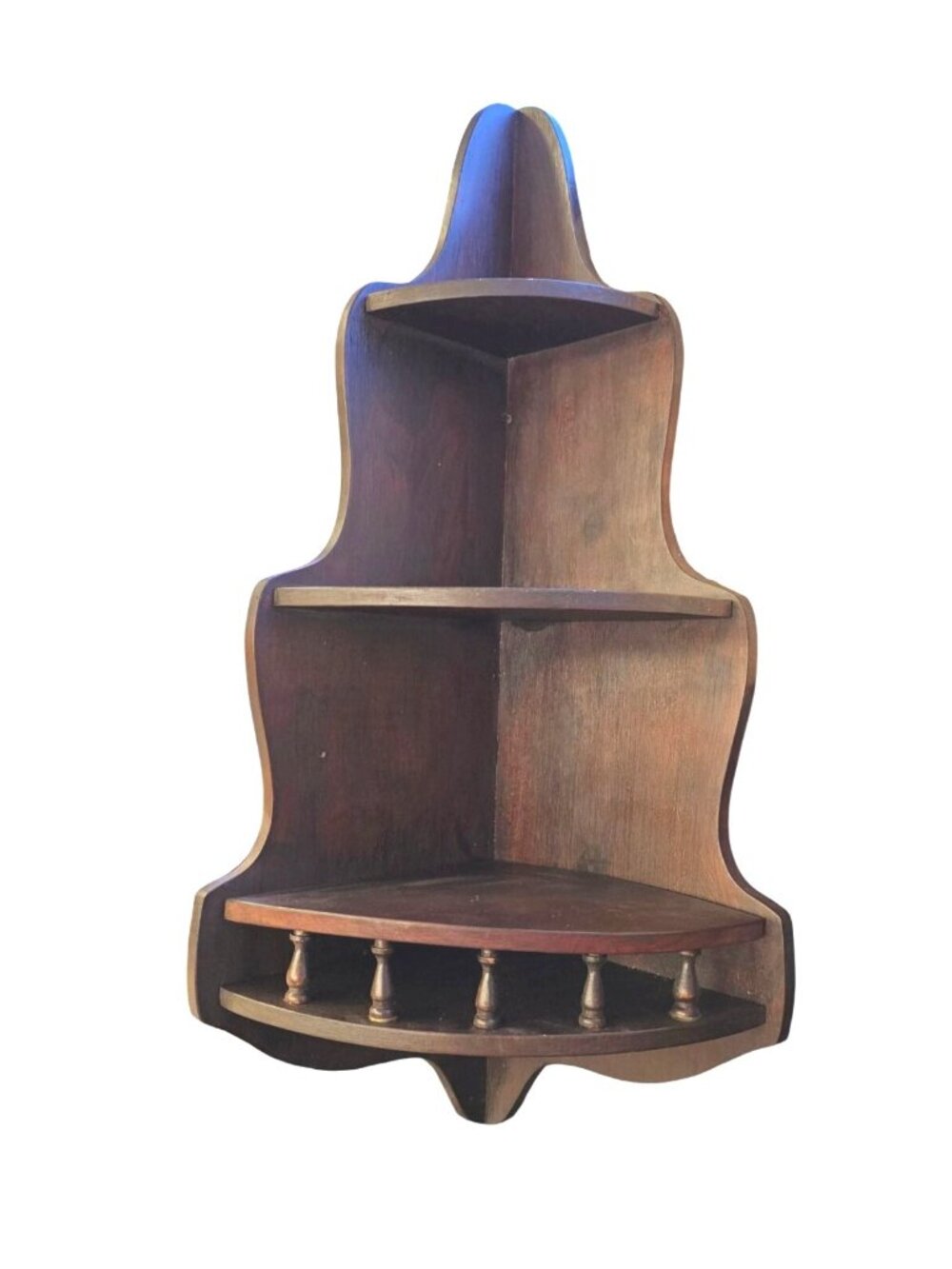 Vintage MCM 30.5" 3 Tier Dark Wood Wall Hanging Corner Shelf w Spindle Accents
